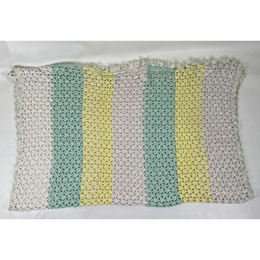 Baby Crochet Afghan Blanket‎ Pastel Striped Green Yellow White 56x48